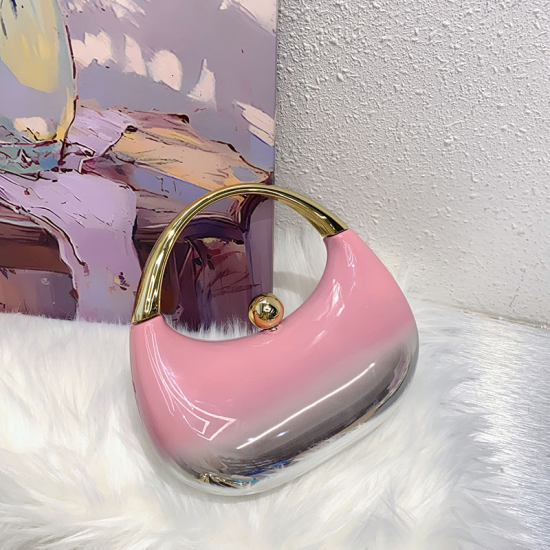 Acrylic Evening Clutch Top Handle Moon Hobo Bag, Glossy Metallic Tote Bag Pink gradient silver Acrylic Evening Clutch Top Handle Moon Hobo Bag, Glossy Metallic Tote Bag Pink gradient silver