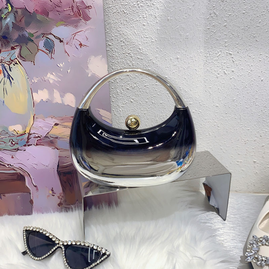 Acrylic Evening Clutch Top Handle Moon Hobo Bag, Glossy Metallic Tote Bag Black Acrylic Evening Clutch Top Handle Moon Hobo Bag, Glossy Metallic Tote Bag Black