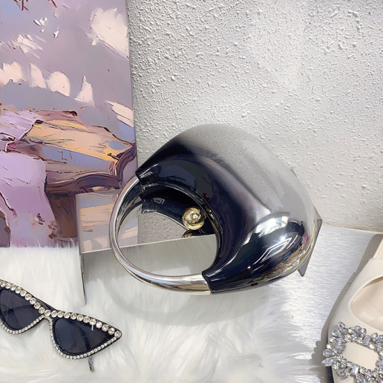 Acrylic Evening Clutch Top Handle Moon Hobo Bag, Glossy Metallic Tote Bag Black Acrylic Evening Clutch Top Handle Moon Hobo Bag, Glossy Metallic Tote Bag Black